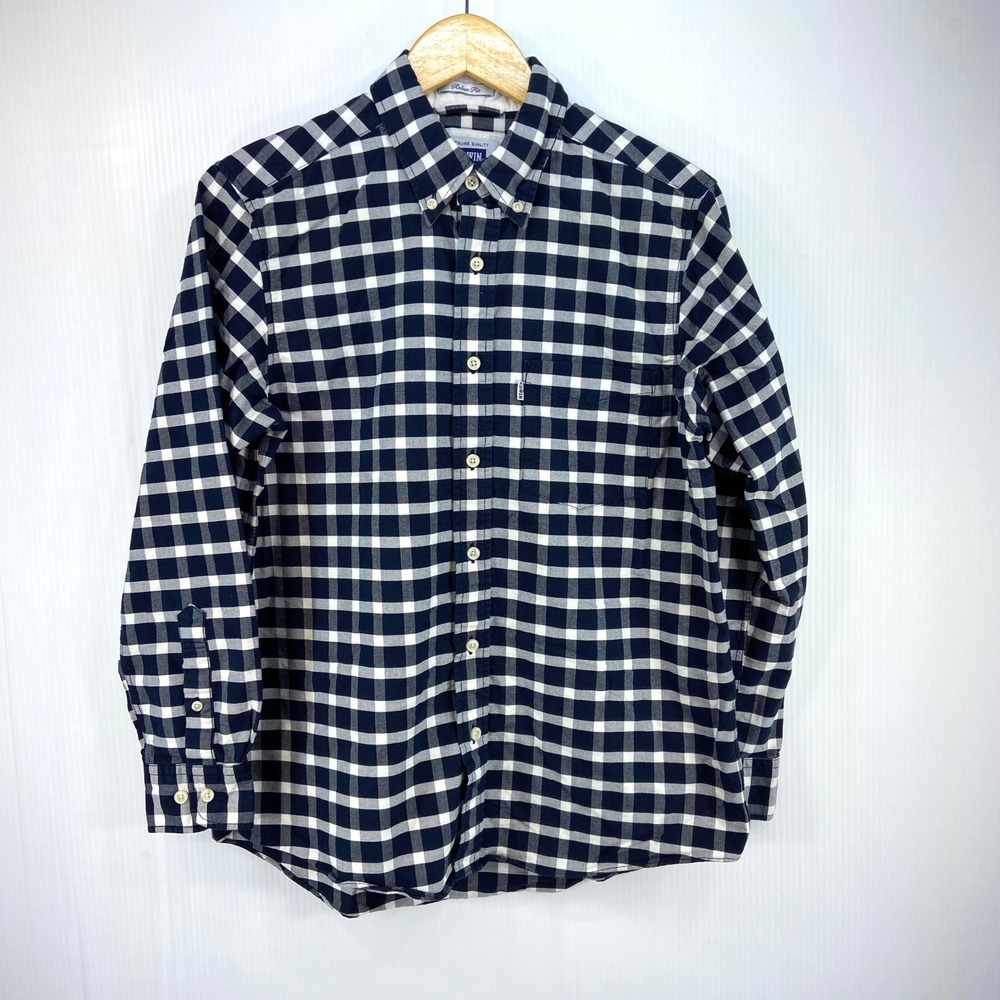 Edwin Navy Blue White Check Plaid Button Down‎ Long Sleeve Shirt Mens Medium